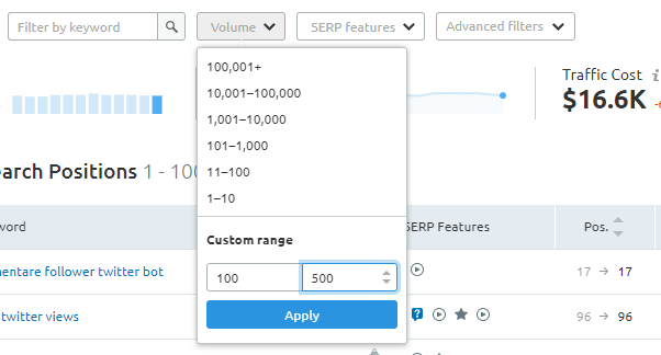 2. Filter Volume 100-500For a new website, you don't want to target keywords that get too many searches per month.By sticking in this range, no other "Big Players" are going to waste their time targeting.This is your opportunity to pick up some easy traffic. 