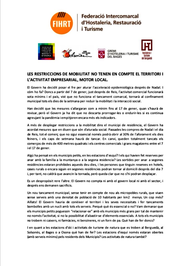 gerenciafihr's tweet photo. #Economia El pensament del @govern quan determina el confinament perimetral municipal no té en compte les particularitats dels municipis, pobles i micropobles de Catalunya. La visió és eminentment centralista, feta des de BCN @HSolsones @hitbergueda @aehtosona @ghtbages @pimec https://t.co/H26nQ36dSh