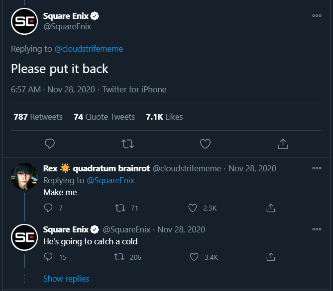 noctisismyking's tweet photo. i think the most banger tweet of 2020 is when rex posted something so horrendous that it unsettled square enix https://t.co/Ba7LCnqccC