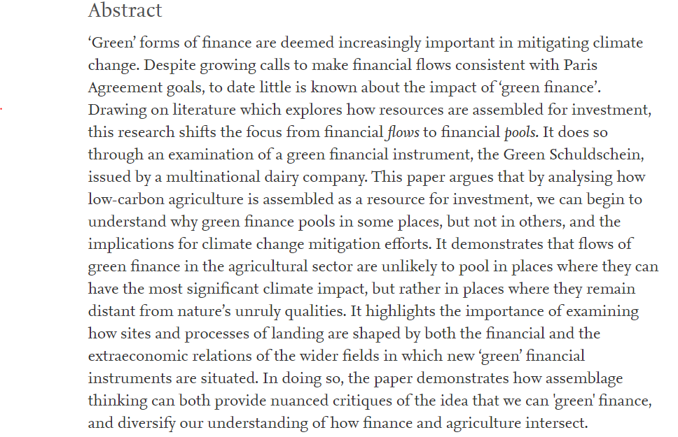 bvanveelen's tweet photo. New paper: 'Cash cows? Assembling low-carbon agriculture through green finance.' By considering how resources are assembled for "green" investment, I tackle the questions: where does green finance land? why there? and with what implications for climate mitigation? Key findings: https://t.co/oTS1ITW8wL