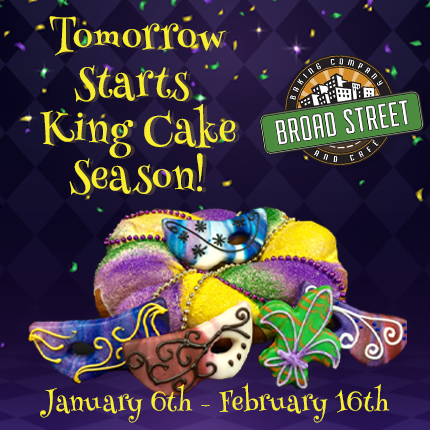 Starting TOMORROW,  January 6th we will have our decadent king cakes and carnival sugar cookies!  

What's your favorite Broad Street King Cake flavor? 

#broadstbakery #kingcakeseason