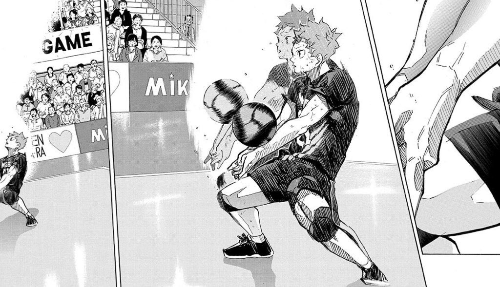 it's things like this w furudate's storytelling of the MCs dynamic that's delightful. kageyama's face tends to be obscured following major events w hinata e.g. stellar receives showing his growth at defence. thus, these are moments of the gap narrowing between them in vball + 