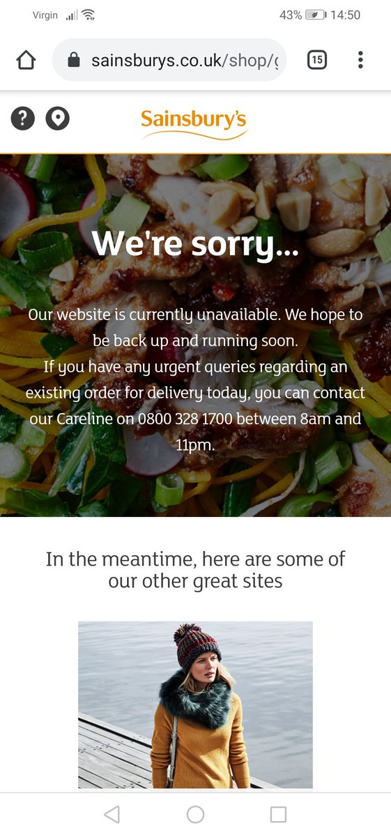 Any idea when you might be back up and running? <a href="/sainsburys/">Sainsbury's</a> I have an order due tomorrow and would like to amend it before the cut off tonight.