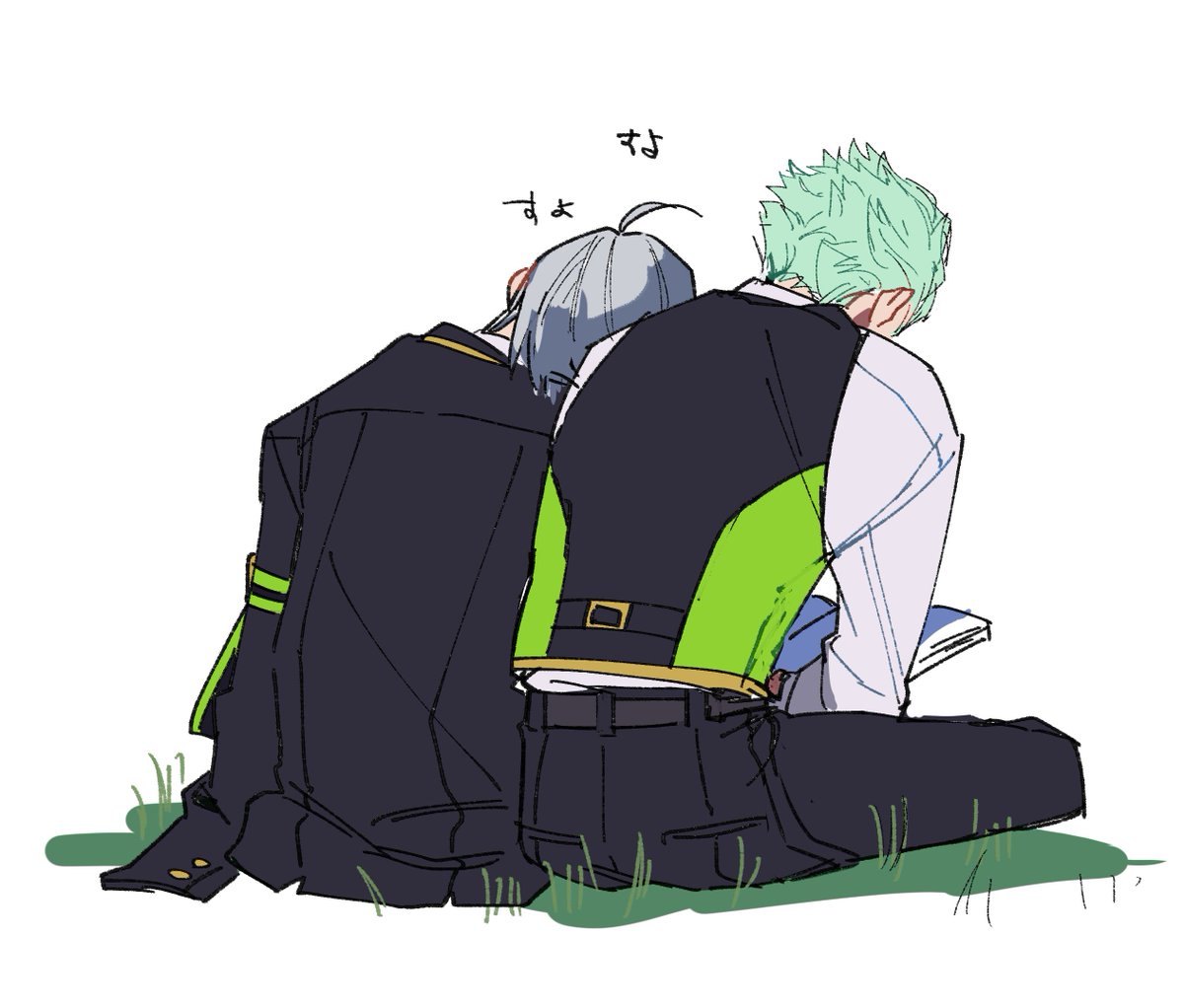 multiple boys 2boys male focus leaning on person head on another's shoulder sitting green hair  illustration images