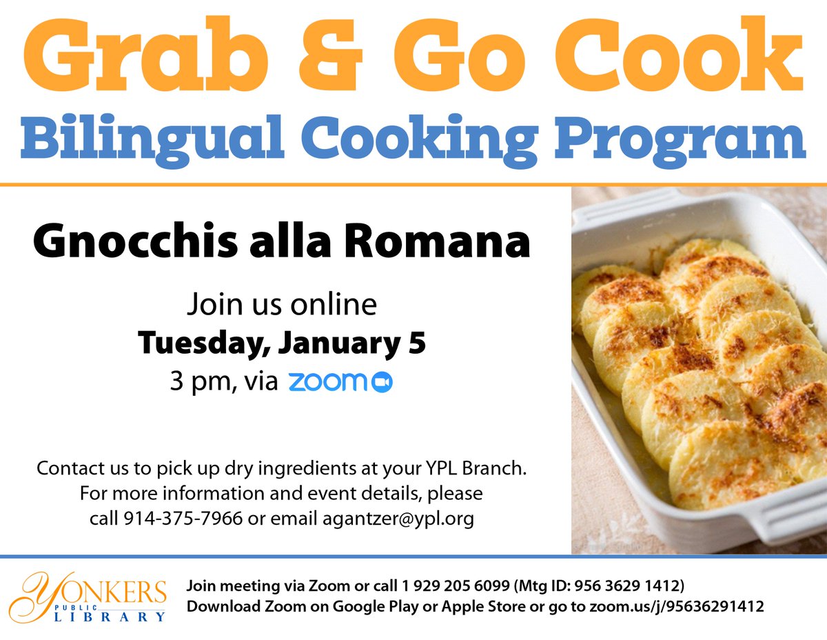 yonkerslibrary's tweet image. BILINGUAL COOKING CLASS @ 1:00 PM | GNOCCHI ALLA ROMANA | Join Program: zoom.us/j/95636291412. Meeting ID: 956 3629 1412 #CookingProgram #BilingualProgram #Gnocchi