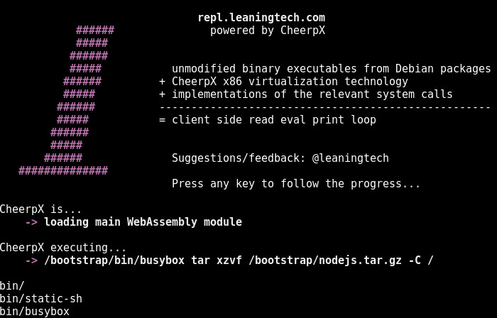 alexpignotti's tweet image. Our CheerpX-powered REPL demo got many usability improvements, courtesy of @carlop54002226 

Choose Node.js, Python3 or Ruby, write some code (or double-click an example) and enjoy.

CheerpX is a #webassembly powered VM to run any x86 app in the browser.

repl.leaningtech.com