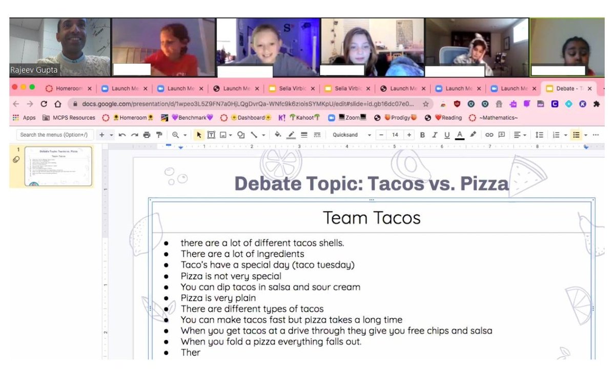 @ChevyChaseES <a href="/ChevyChaseES4/">Chevy Chase ES Fourth Grade</a> One of the best morning meeting debate questions ever. Well done Ms. Rosenberg on facilitating the student debate between "pizza" vs. "tacos"! Awesome collaboration, creative thinking and now everyone wants lunch to be a little earlier than usual❤️