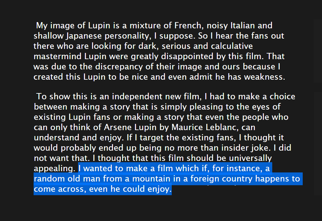 Miyazaki on Lupin III: The Castle of Cagliostro https://sites.google.com/site/lupinthethirdcom/anime/films/-1979-the-castle-of-cagliostro/interviews/1981-4-june-hayao-miyazaki-yasuo-ohtsuka