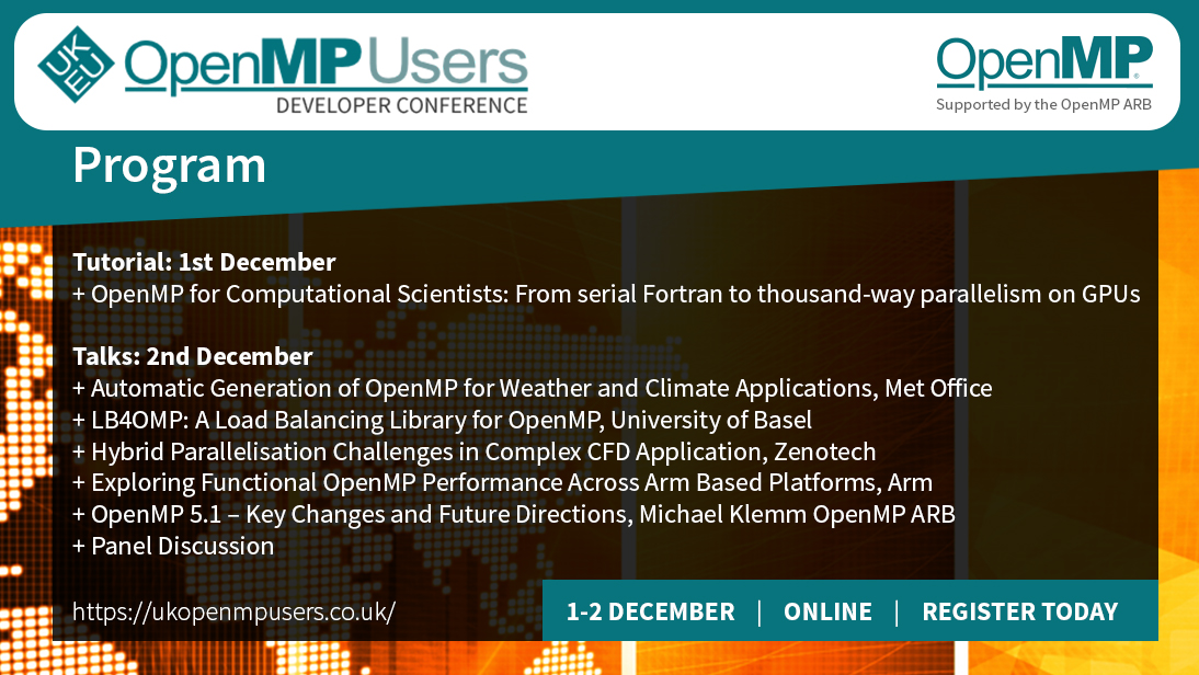 openmp_users's tweet photo. The video presentations from the 3rd OpenMP Users conference are now online at: https://t.co/Mh7sawhMyQ  Thanks to @tjdeakin  and all the speakers, panel members, attendees and the @OpenMP_ARB for your support.  Happy New Year. https://t.co/H3MEVY3PEC