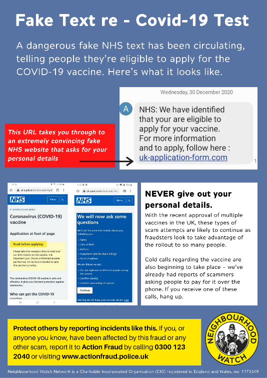 There is a scam circulating which starts with a text &amp; advises the user that they are eligible to apply for the vaccine &amp; to click on the link in the text message.  The user is then led to a webpage, which looks very convincing . More info on link
ow.ly/wjp150D0dtY