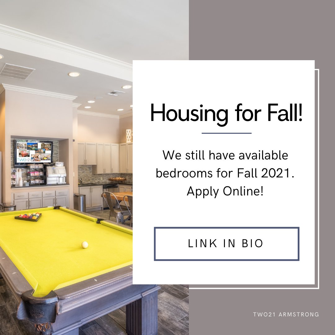 Two21Armstrong's tweet image. We still have available bedrooms for Fall 2021! Contact the office for more information.  #studenthousing #rampartnersllc #two21armstrong RAM Partners, LLC 
two21armstrong@ram-mgt.com || 334.887.2221