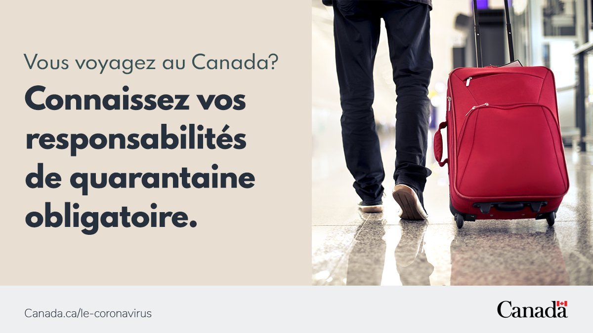 Avant d’entrer au 🇨🇦 , les voyageurs doivent fournir des infos exactes sur leur plan de quarantaine de 14 jours, à défaut de quoi ils enfreignent la Loi sur la mise en quarantaine et s’exposent à des amendes et à des peines d’emprisonnement : https://t.co/RftwLIM1Om
#COVID19 https://t.co/tTghLL62zm