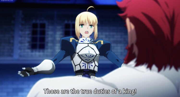 Should protect are life, liberty, and property. If a government properly protects those rights then on balance the governments rule should not be questioned. Artoria’s thoughts on kingship are not rooted in any sense of romanticism But are instead rooted in a logical