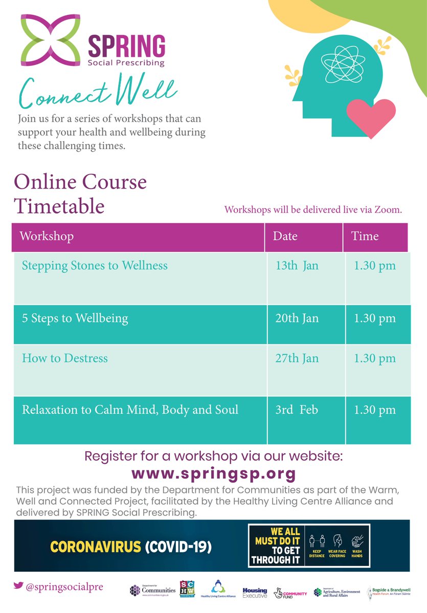 Please share! Join our free online Wellness Workshops. The Connect Well online sessions will begin next Wednesday 13th January and run each week throughout lockdown. Look after your wellbeing this year. 😊To register simply sign up at springsp.org/root/register.