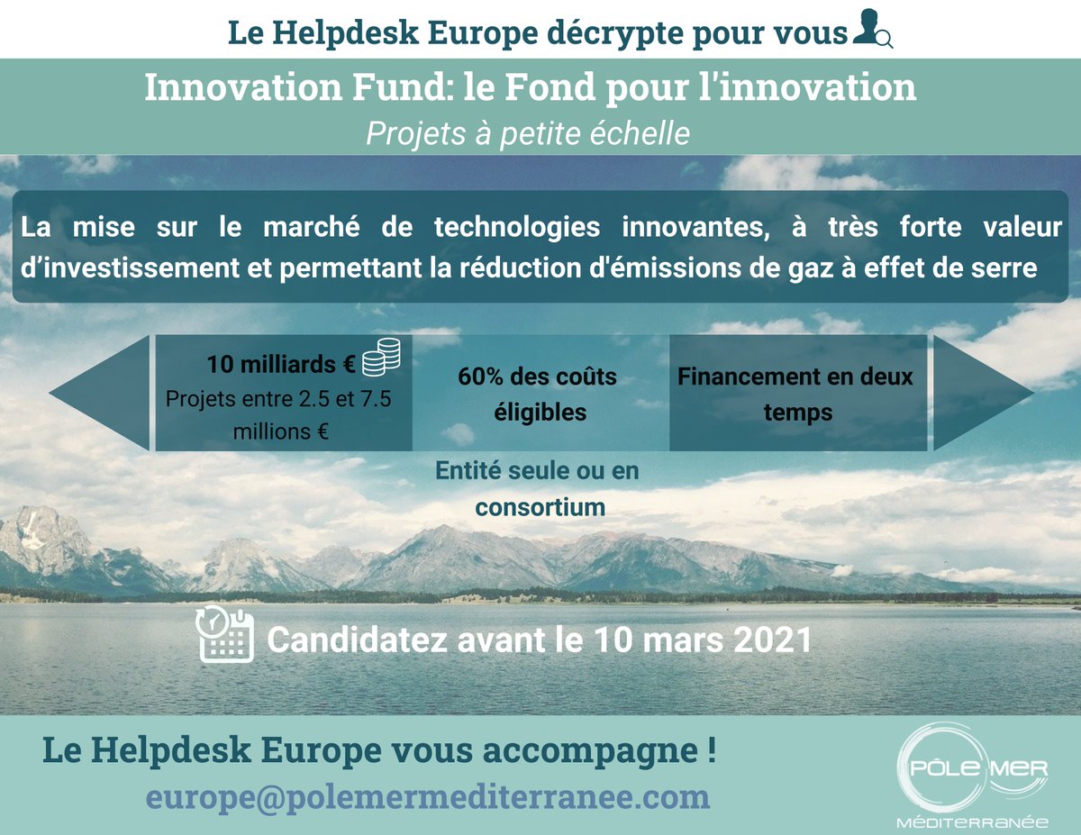 🇪🇺 Notre Helpdesk Europe décrypte le nouvel appel à projets Innovation Fund - Small Scale projects !

💶10 Mds € pour financer des projets permettant la réduction d’émissions de gaz à effet de serre.

🗓️Candidatures ouvertes jusqu'au 10 mars 2021.

👇👇
polemermediterranee.com/Actualites/Eur…