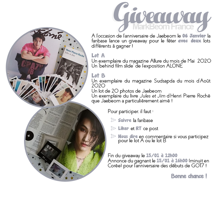 MarkBeom_France's tweet photo. ✨ Jaebeom's Day ✨

Surprise ! A l'occasion de l'anniversaire de Jaebeom, nous lançons un Giveaway pour le fêter, avec 2 lots différents à gagner ! Détails en image ⬇️

#임재범 #JAEBEOM #데프 #Def #ØFFSHORE
#OurMasterpieceJBDay
#재범아_생일축하해_앞으로도_행복합시다 https://t.co/YvNYMzLBC0