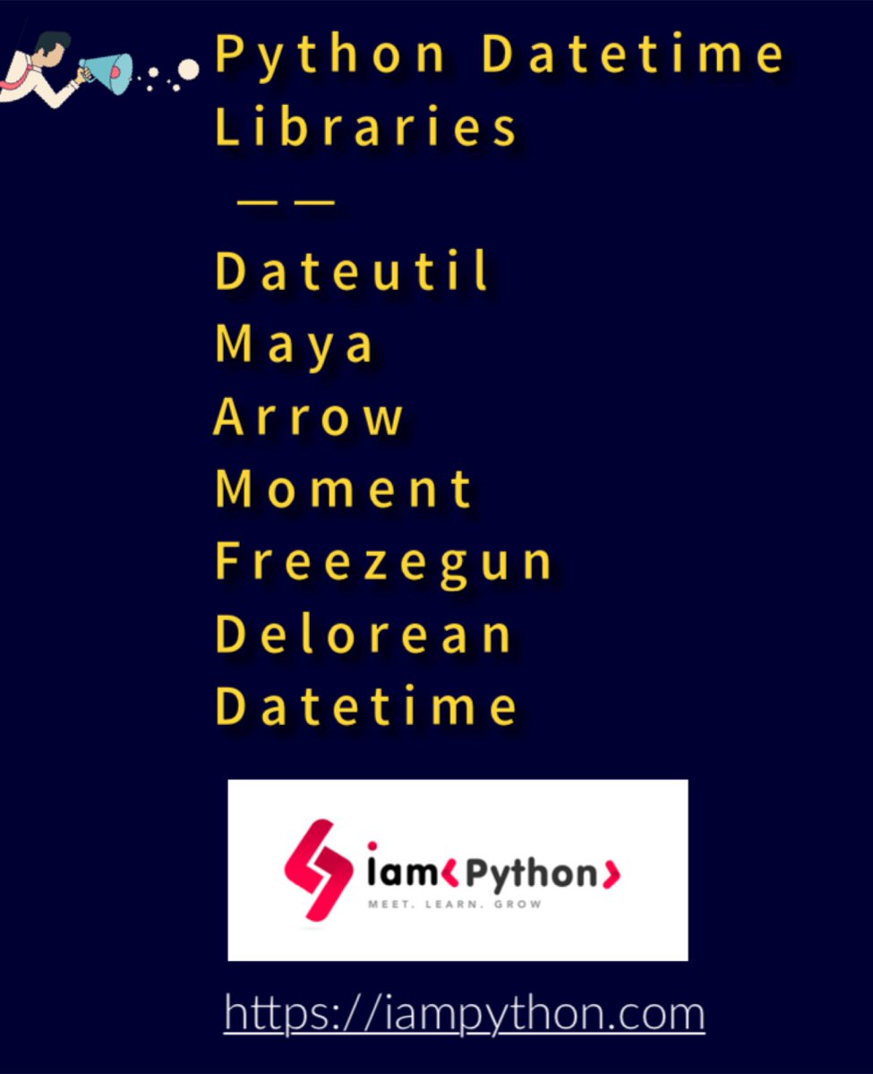 iampythoner's tweet image. Python date time libraries can be used various applications. Useful in real-time projects.

#python #pythonlearning #pythonmachinelearning #python試験 #DataScience #pythoncode #Python