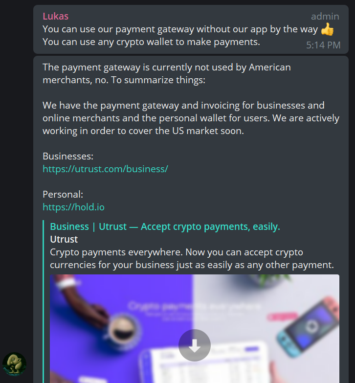 Payment gateway actively working to US integration  http://utrust.com/business 