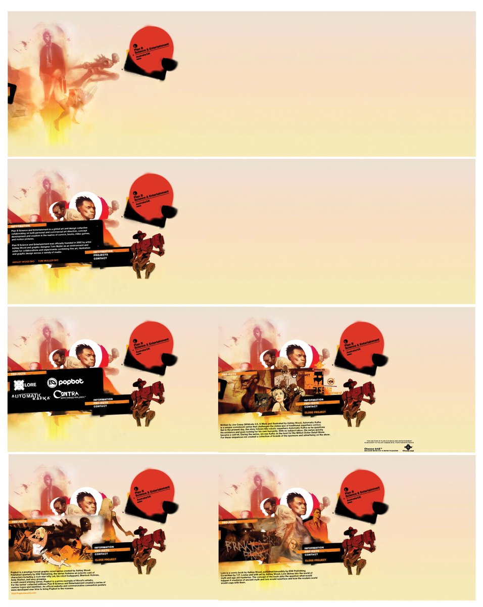 I would end up designing around half a dozen sites with Ashley Wood; the last major one would be this full Flash site for Plan B Science & Entertainment, which was kind of a collective name for our collaborative work.