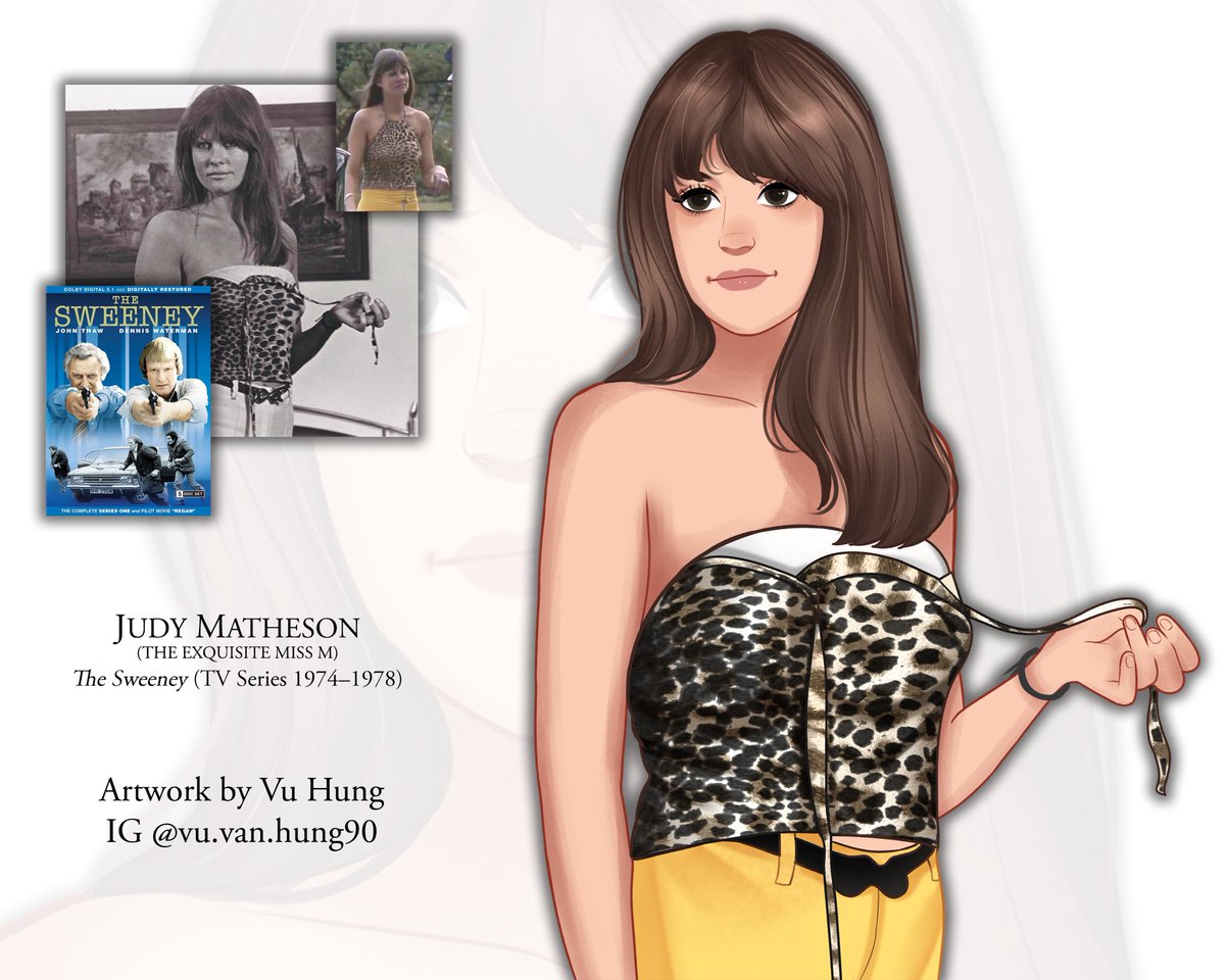 LynneFrederick's tweet photo. Cartoon illustrations of #JudyMatheson @judyjarvis aka #TheExquisiteMissM in #PercysProgress and #TheSweeney by Vu Hung https://t.co/PScezpEhAY