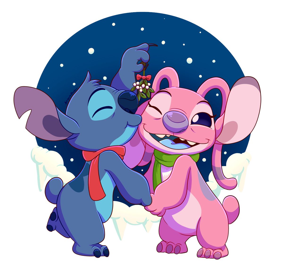 AngoraRam's tweet image. A little piece I did for a Christmas themed YCH!! I loved drawing these two again🎄#angel #stitch #liloandstitch