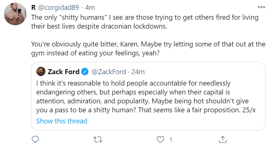 Could anyone better reinforce my point than someone with a shirtless selfie and no last name defending people "living their best lives" and fat-shaming me? According to his posts, he agrees with Trump that "the 'remedy' is worse than the disease." Ok! 27/26