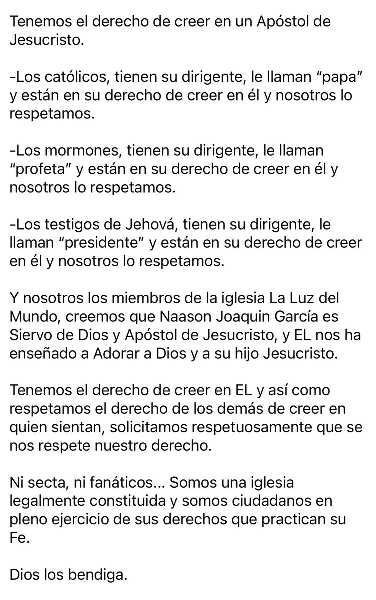 Silemgarcia's tweet photo. Ni secta, ni fanáticos, somos una iglesia legalmente constituida y ciudadanos en ejercicio de sus derechos que practican su Fe.
Y para nosotros Naason Joaquin García, es Apóstol de Jesucristo.
Dios los bendiga. https://t.co/RPk1RlraOQ