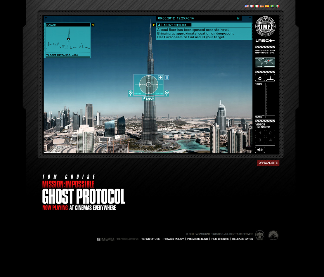 Arguably the last full Flash-driven sites I worked on, with Glass Eye, where the official SUPER 8 site which allowed you to explore the lead character's desk; and a Mission: Impossible 4 game. There were a few others; but in my mind 2011 was pretty much the end of using Flash.