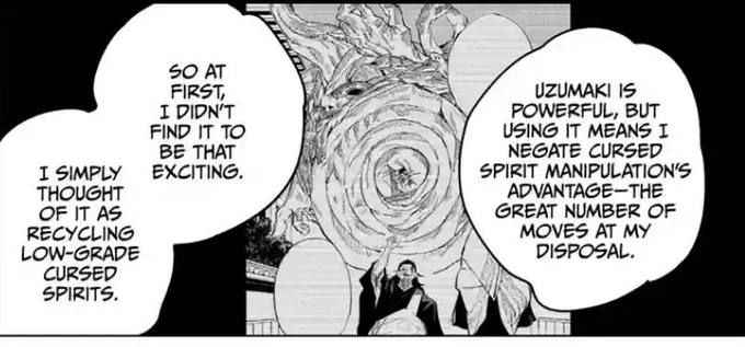 » saying he "started acting like him". it is not exactly confirmed who "him" is but we can speculate it may be (actual) suguru geto, the real owner of the body

- getwo continues his explanation of the uzumaki technique .. here we are shown a panel from volume 0 of real suguru » 