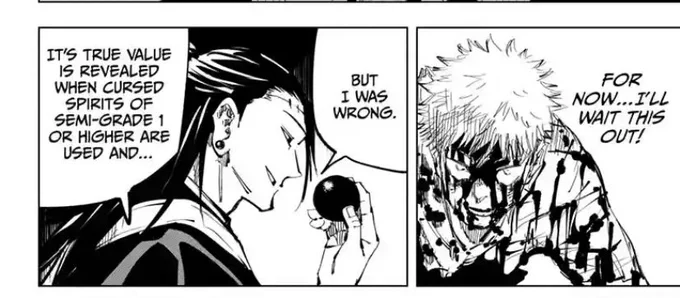 » geto using the maximum curse manipulation technique in his fight against okkotsu yuta. 

- getwo says he didn't think the technique was all that exciting at first 

- yuji is listening. he is thinking "i'll wait this out" ; and allows getwo to continue his speech. 

» 