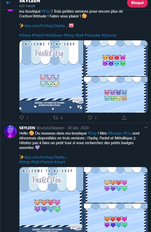 Partie 1 : MES BADGESHier, j'ai été contacter par 2 artistes qui m'ont avertis que cette "graphiste" avait mis en vente des badges ressemblant à ceux que j'avais commandé à @/seuliin et qui sont disponibles sur ma chaîne