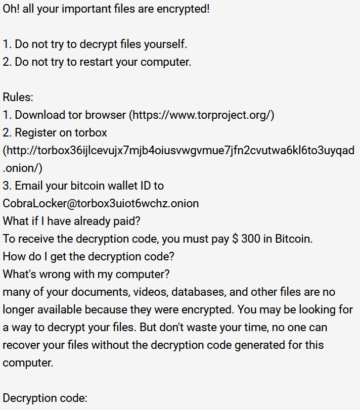 Emmanuel_ADC-Soft (@emm_adc_soft) on Twitter photo #Ransomware #CobraLocker
Contact: TorBox CobraLocker@torbox3uiot6wchz.onion
MD5: f7d5730417f81d7ce6f8b231dbd333e4
Ransom instructions are in Russian. #Ransomware #CobraLocker
Contact: TorBox CobraLocker@torbox3uiot6wchz.onion
MD5: f7d5730417f81d7ce6f8b231dbd333e4
Ransom instructions are in Russian.