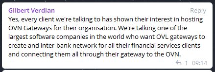 2/ "We're talking with one of the largest software companies in the world who want OVL Gateways to create an inter-bank network for all their financial services clients and connecting them all through their gateway to the OVN."