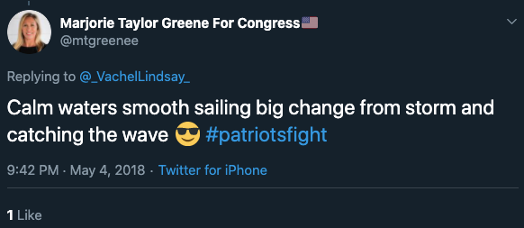 Throughout 2018, Marjorie Taylor Greene also promoted and endorsed QAnon on Twitter.Here she is in May 2018 referencing “The Storm” in response to a tweet from a since-suspended QAnon promoter. http://archive.is/GPNPW 