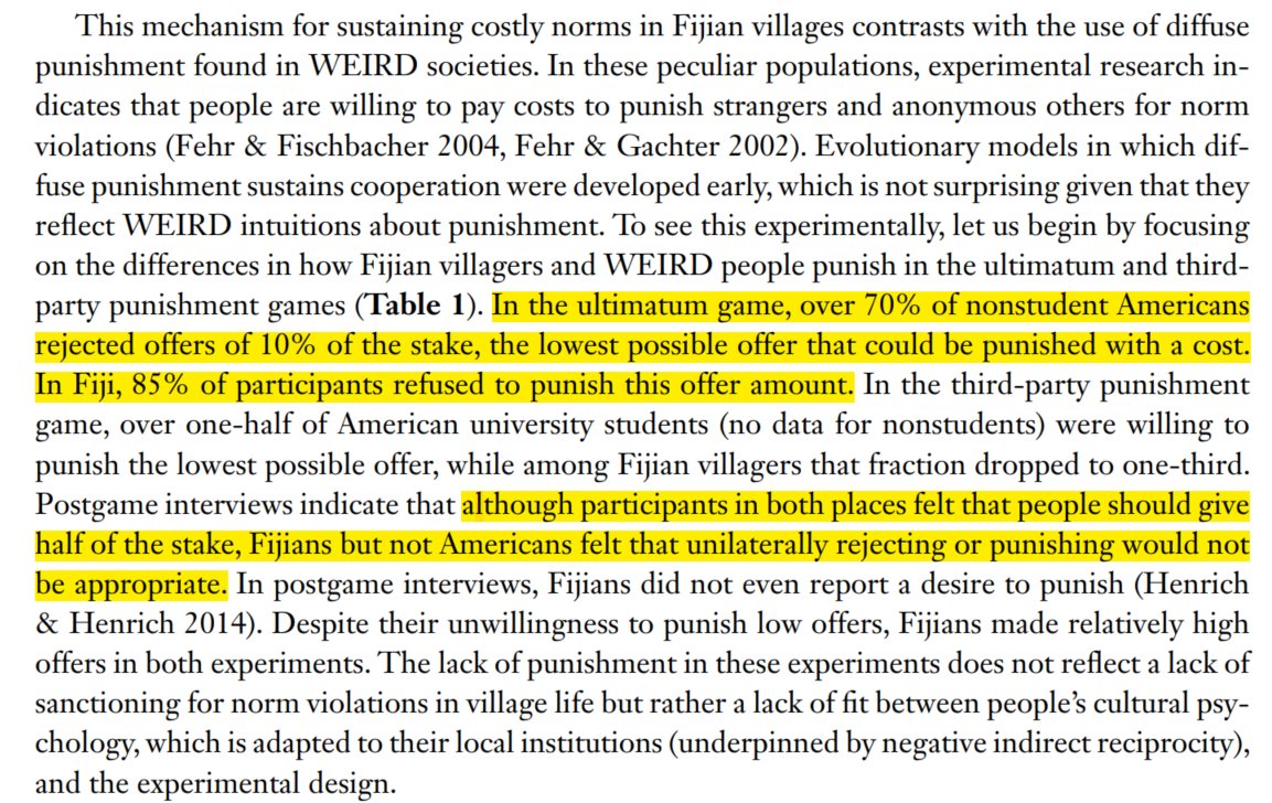 Also related to Fijian populations, it's pretty funny to see non-WEIRD populations closer to homo economicus style predictions in ultimatum games(same as with how everyone except westeners seems okay with cash gifts) Population size you're used to grow up in seems important here