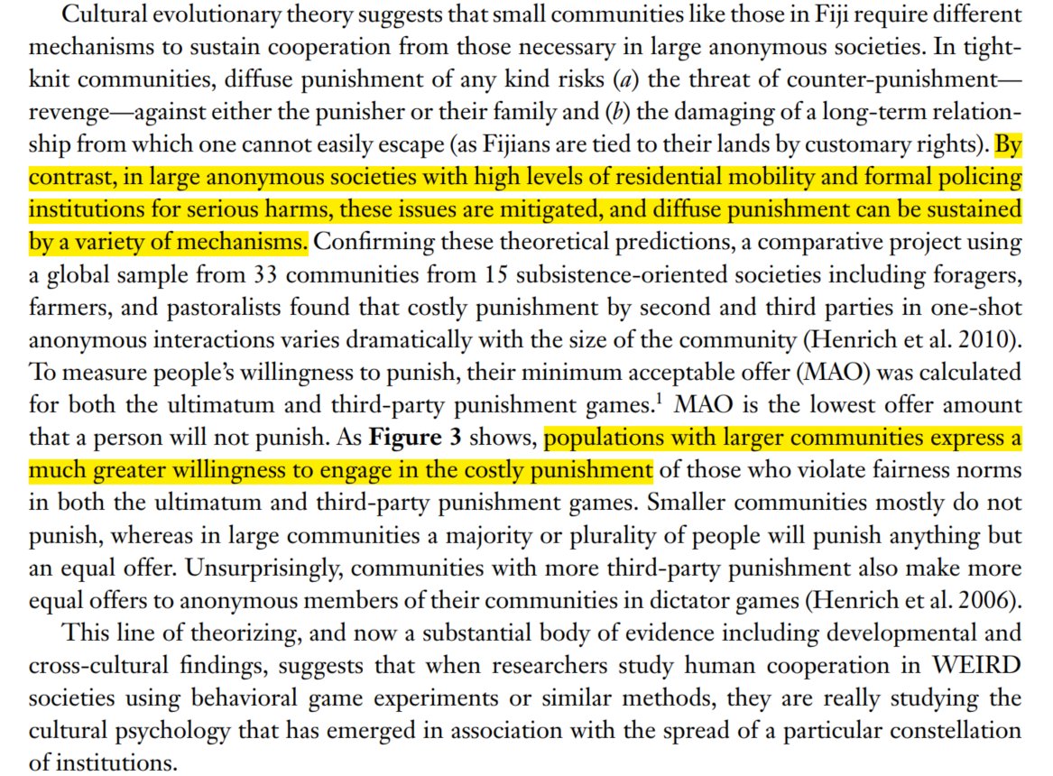 Also related to Fijian populations, it's pretty funny to see non-WEIRD populations closer to homo economicus style predictions in ultimatum games(same as with how everyone except westeners seems okay with cash gifts) Population size you're used to grow up in seems important here