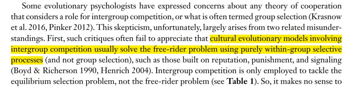 Related to this, a) authors are salty with cultural group selection skeptics, and believe within groups elective pressures are enough to explain pressures to do better in intergroup competitionand b) they give an... interesting list of examples of intergroup-compt strategies