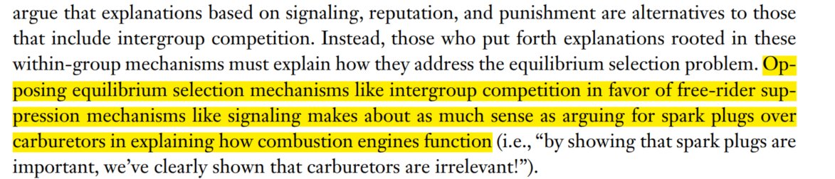Related to this, a) authors are salty with cultural group selection skeptics, and believe within groups elective pressures are enough to explain pressures to do better in intergroup competitionand b) they give an... interesting list of examples of intergroup-compt strategies