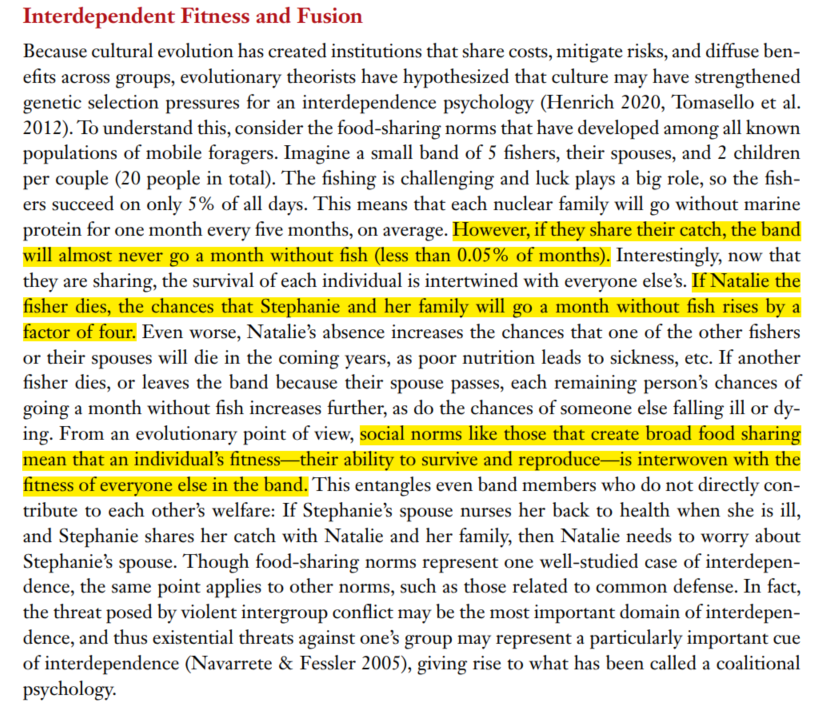 Lastly, they do have a good explanation of how "if one of us fails we're all screwed" environments can also lead to individual-level selective pressures that lead to altruistic-cooperative behaviors(To make up for this, the self-domestication section is very meh)