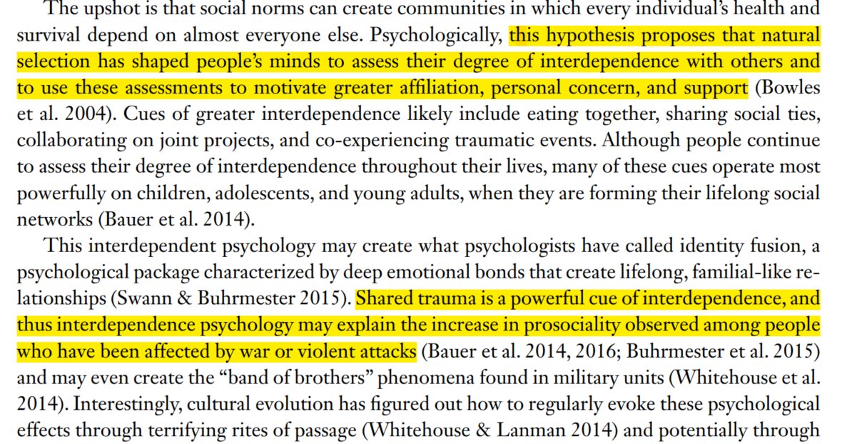 Lastly, they do have a good explanation of how "if one of us fails we're all screwed" environments can also lead to individual-level selective pressures that lead to altruistic-cooperative behaviors(To make up for this, the self-domestication section is very meh)