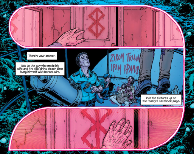 There's an eerie, dreamlike quality to the panel layout in the beginning where the images don't just bleed into one another, but circle back and forth from one wave to another.