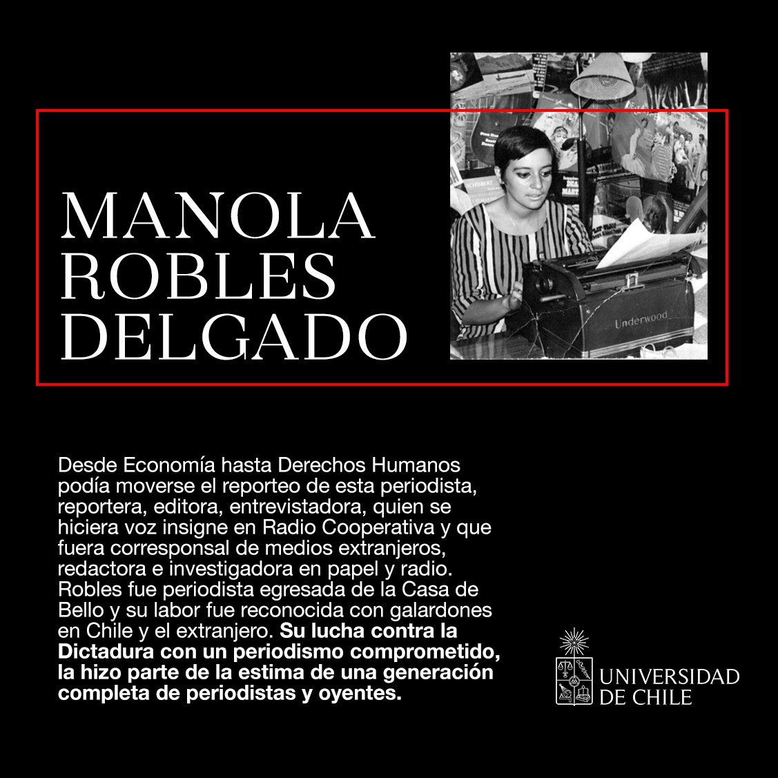 La comunidad universitaria despide con pesar a la destacada periodista Manola Robles Delgado, egresada U. de Chile, reportera, editora, asesora, quien se hizo icónica como 'la voz de <a href="/Cooperativa/">Cooperativa</a>', y cuyo compromiso con los DD.HH. fue encomiable uchile.cl/u172156