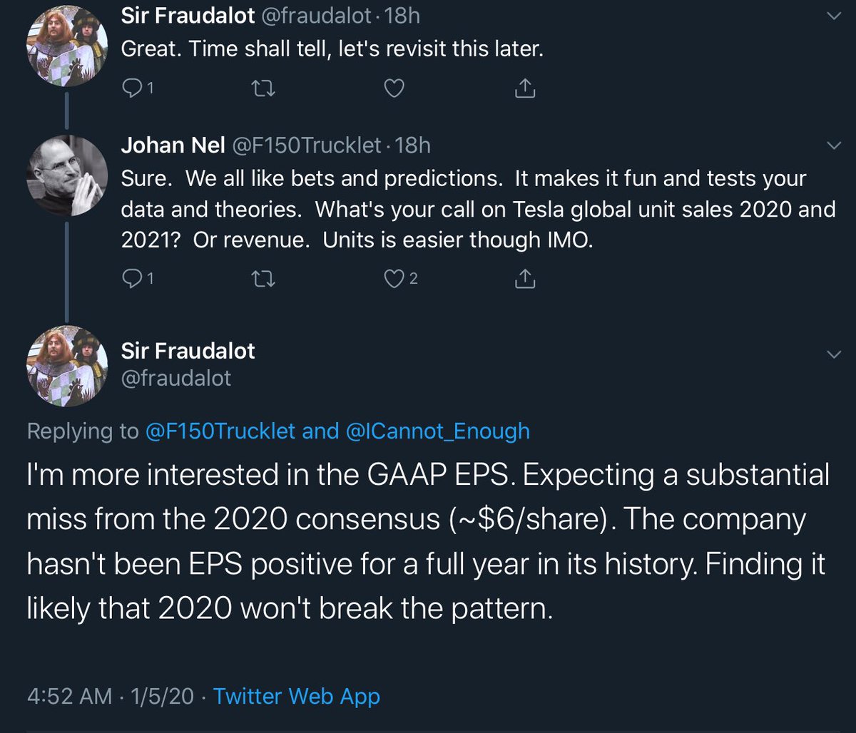 Sir  @fraudalot :Tesla “hasn’t been EPS positive for a full year in its history. Finding it likely that 2020 won’t break the pattern.”