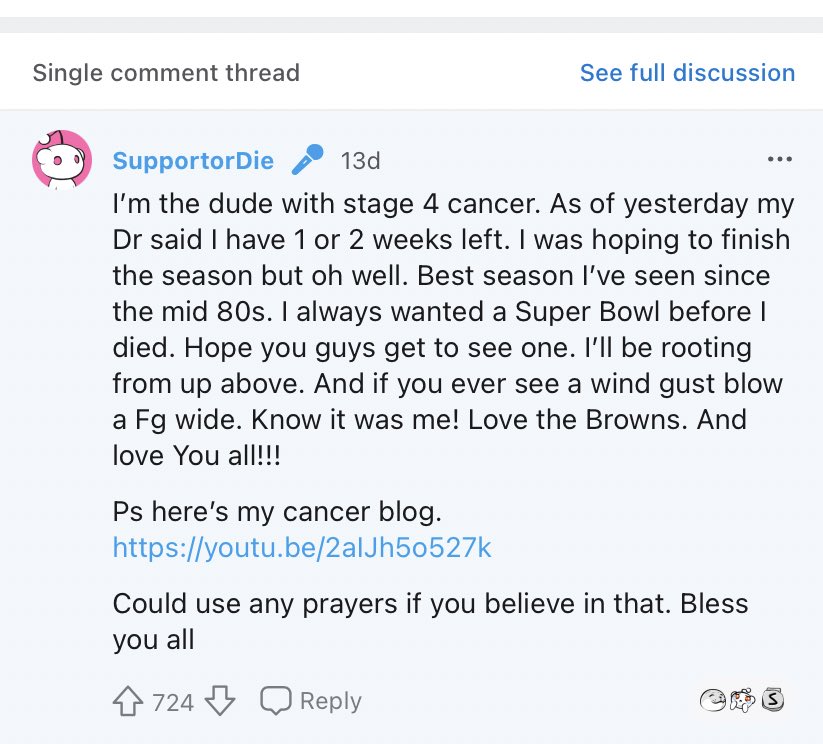 REFLOG18's tweet photo. If you have not followed the story of Tom Seipel, I’d encourage you to check it out.

Huge #Browns fan dying of cancer- will be there at the game today thanks to the help of many- including @bakermayfield, @SzaboApparel, @angrybrownsfans, @emilywmayfield6

https://t.co/oXLSPZ2sFK https://t.co/0FXWs7nK4x