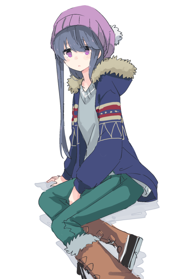 shima rin 1girl solo sitting boots hat purple eyes white background  illustration images