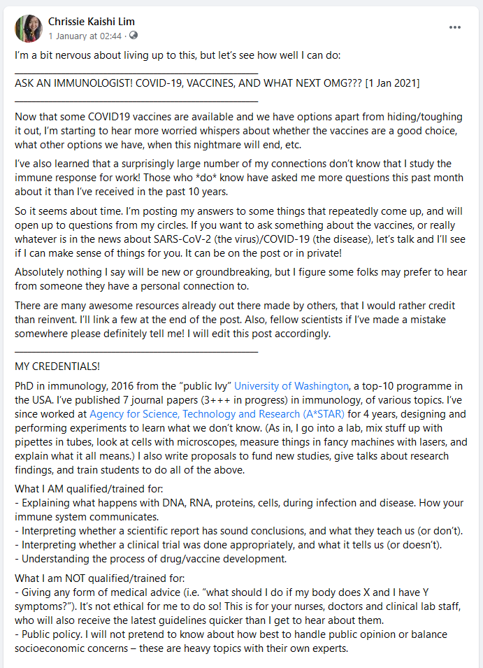 Here are screenshots of the full main text.I've decided to keep it Facebook-oriented. Others have done awesome scicomm on Instagram+Twitter that I'll share. Facebook remains a separate beast where a balanced scientific voice is lacking yet worried family audiences are highest.