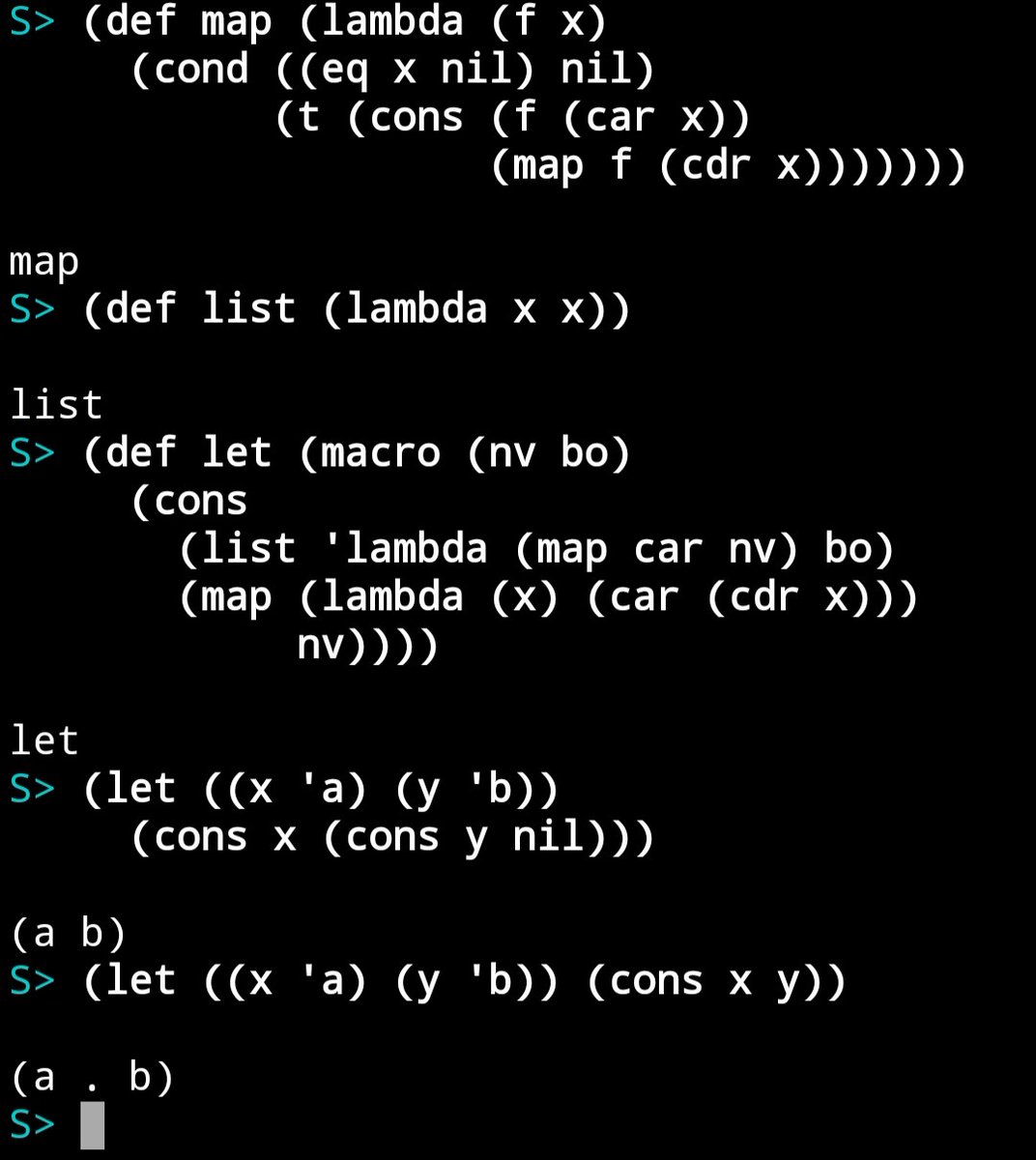 ytaki0801's tweet image. 先のlambdaの機能を応用した，let構文のマクロ定義例．ローカル名と値のセットのリストを最初に記述し，ローカル名を用いた本体記述を実行している．
#PureLISP_sh #LISP #プログラミング