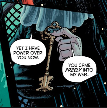 For all that this is a moment of swagger on the part of our nameless protagonist, it is also a moment of foreshadowing. Though he's flipping the script, he nevertheless sticks within the narrative he's trapped in. "It's always too late for the likes of me, hen."