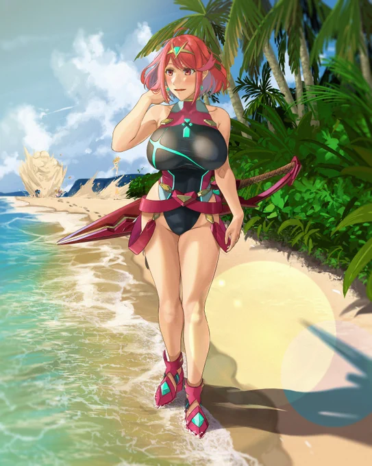ED後の世界で浜辺を歩く水着ホムラちゃんを描きました 