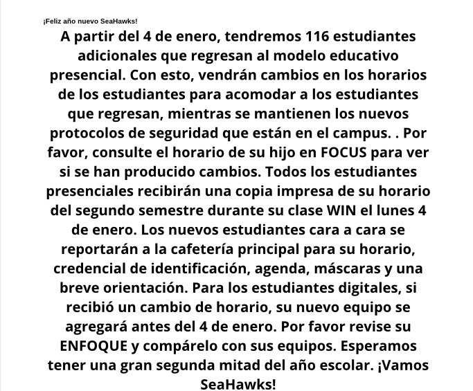 La escuela se reanuda mañana 4 de enero. Consulte el mensaje importante sobre los procedimientos para mañana.